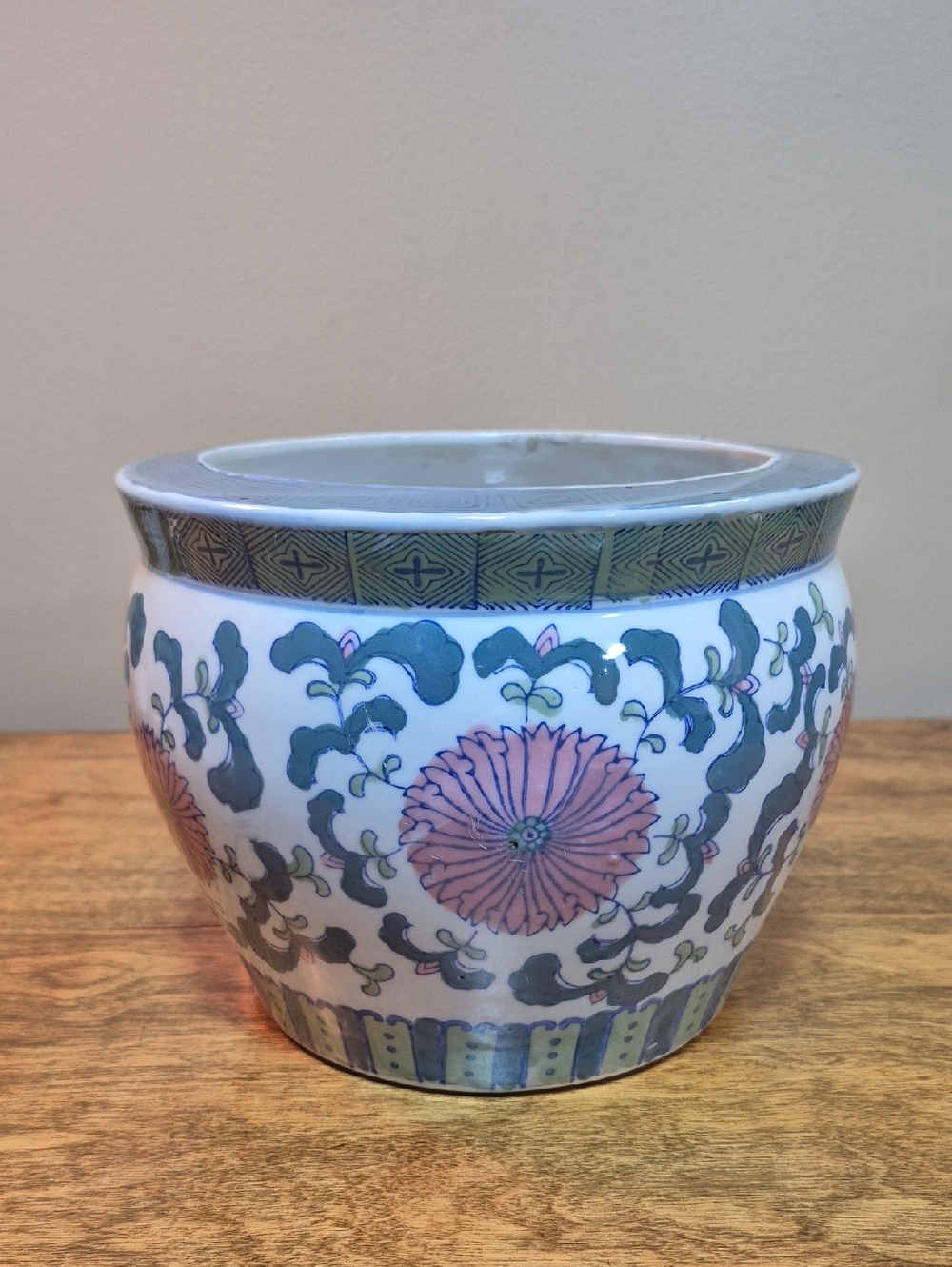 Vintage White Ceramic Planter with Green and Pink Floral Motif - Picture 3 of 14